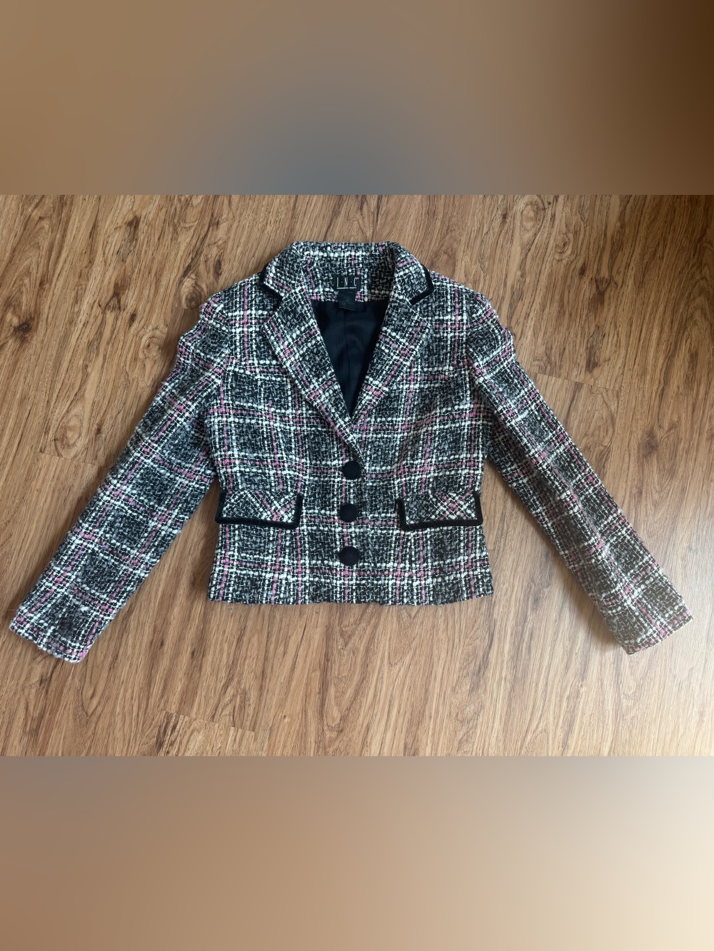 INC International Concepts Pink, Black & White Tweed Plaid Blazer